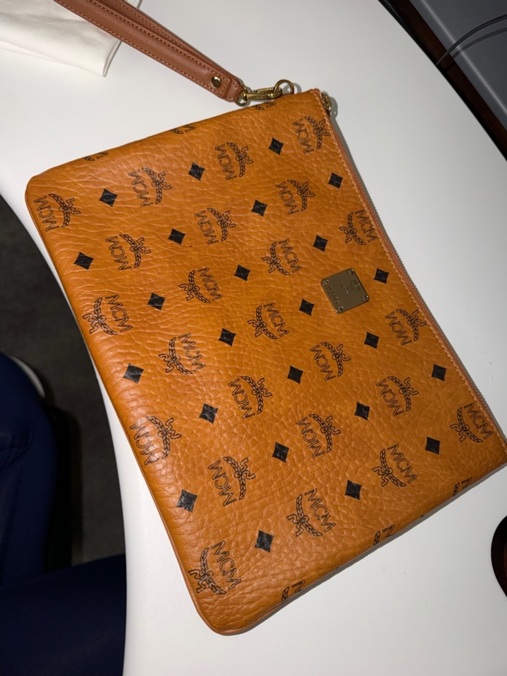 MCM Cognac Logo Zip Pouch with Wrist Strap